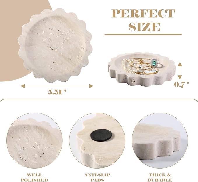 Koville Travertine Jewelry Tray, 5.51" Round Trinket Dish for Ring Necklace Earring Perfume, Natural Scalloped Decorative Tray for Countertop Bathroom Kitchen Dresser, Beige Stone Tray