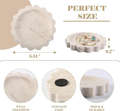 Koville Travertine Jewelry Tray, 5.51" Round Trinket Dish for Ring Necklace Earring Perfume, Natural Scalloped Decorative Tray for Countertop Bathroom Kitchen Dresser, Beige Stone Tray