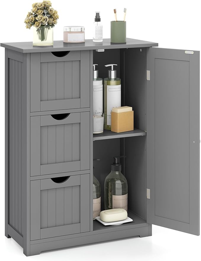 Tangkula Bathroom Floor Cabinet, Freestanding Storage Cabinet with 3 Drawers & Single Door, Adjustable Shelf, Multipurpose Bathroom Storage for Home Office, 23.5 x 12 x 32 Inches (3 Drawers, Grey)