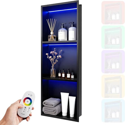 12" X 36" RGB LED Shower Niche No Tile Needed, 304 Stainless Steel Shower Niche Insert Tile Ready, Recessed Wall Shelf for Bathroom Storage Organizer with Remote Control, Matte Black