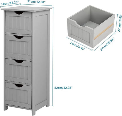 Bonnlo Skinny Bathroom Floor Storage Cabinet, 12 Inch Wide Deep Small Storage Organizer with 4 Drawers, Wooden Modern Grey Thin Free Standing Tower Cabinet w/ 4 Cute Drawers for Bathroom, Living Room