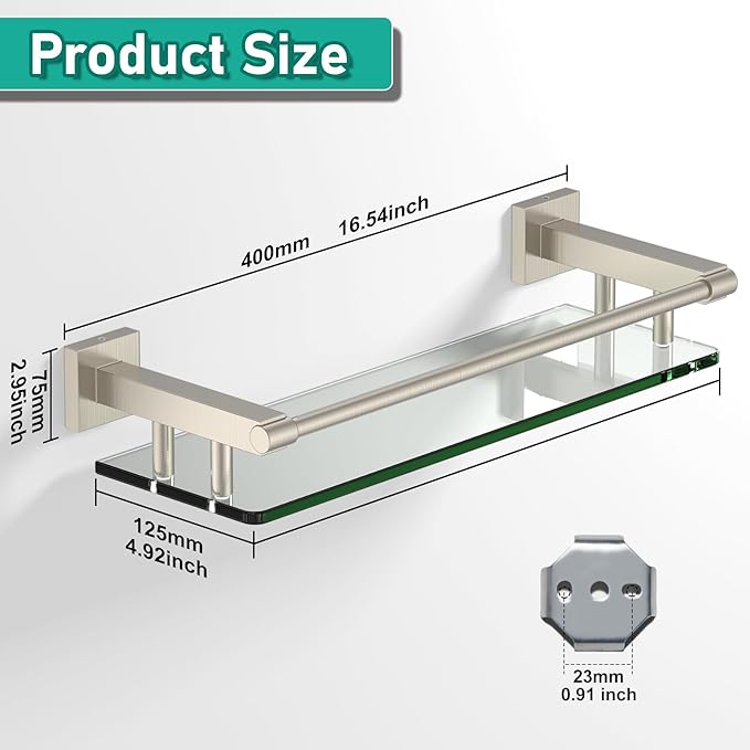 Glass Shelves for Bathroom, 16IN Brushed Nickel Bathroom Shelves for Wall Rectangular Stainless Steel Tempered Glass Modern use for Shelf Sink Over Toilet