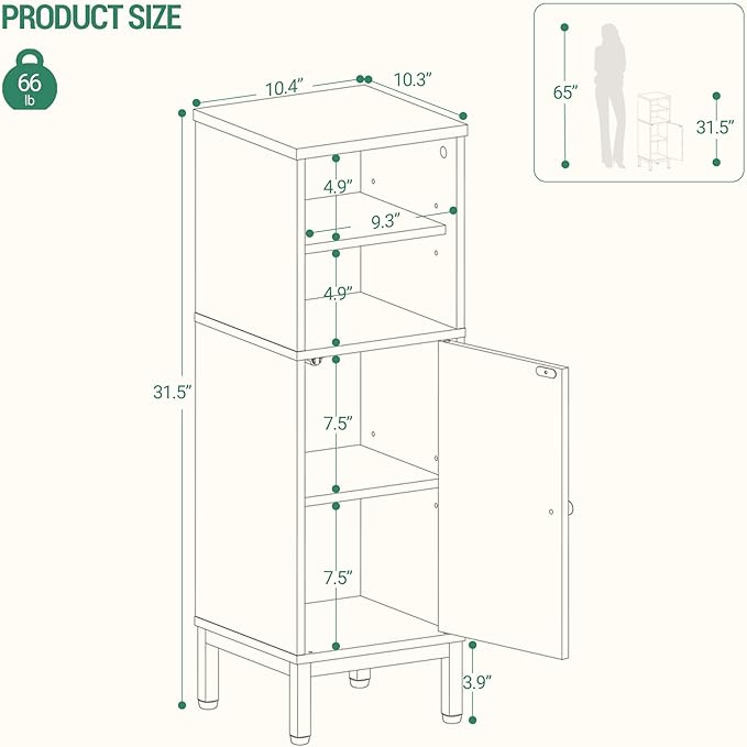 Bathroom Storage Cabinet, Corner Floor Cabinet with Shelves, Customized Door Opening Direction, Bathroom Organizer with Adjustable Shelf for Kitchen, Living, Toilet Paper Cabinet, White Brown