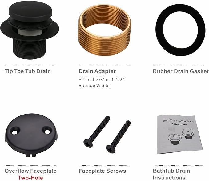 Black Bathtub Drain Tip Toe Tub Conversion Kit Assembly,Wellup Tub Drain Trim Kit with Two Hole Overflow Faceplate,Matte Black