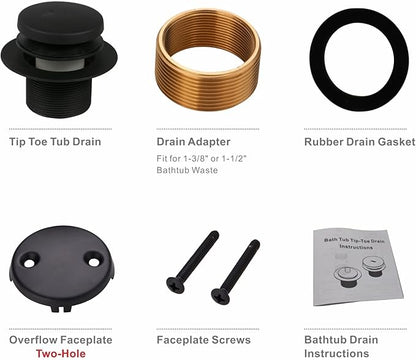 Black Bathtub Drain Tip Toe Tub Conversion Kit Assembly,Wellup Tub Drain Trim Kit with Two Hole Overflow Faceplate,Matte Black