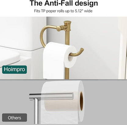 Hoimpro 25" Toilet Paper Roll Tissue Holder Free Standing with Shelf Storage Stand for 4 Rolls, Freestanding Hardware Accessories Rack Brushed Gold