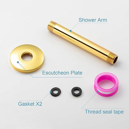 OFFO Shower Arm with Flange, Bright Gold 6 in Ceiling Mount Replacement Rain Shower Head Straight Arm Ceiling-Mounted For Fixed Shower Head & High Pressure Rain