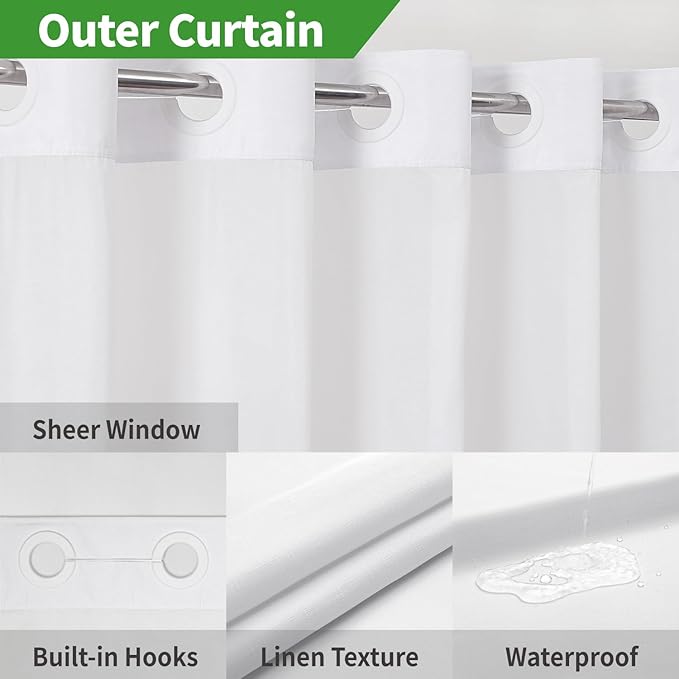 No Hooks Needed Linen Textured Shower Curtain with Snap-in Fabric Liner Set,White Hotel Luxury Decor Shower Curtains for Bathroom with Mesh Top Window,Waterproof & Washable,71Wx77H