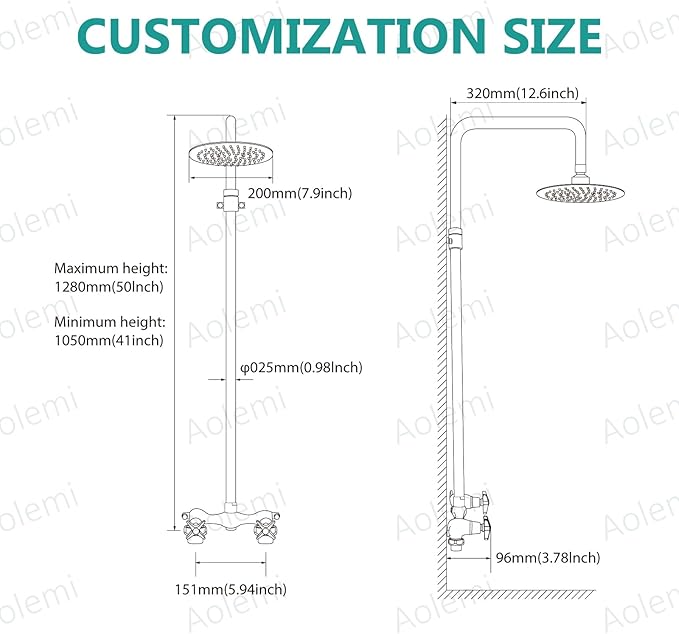 Aolemi Outdoor Shower Kit Outdoor Shower Fixtures Faucet System Double Handle Exposed Shower with 8 Inch Rainfall Shower Head Adjustable Height Shower Pipe 6 Inch Center Polish Chrome