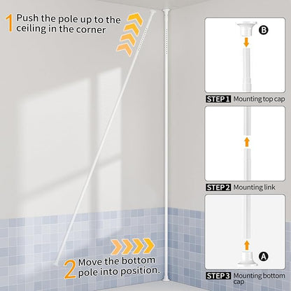 Shower Caddy Tension Pole with 4 L-Lazy Susan Organizer 360 Rotating 35-128 Inch No Drilling Floor Standing Shelves Adjustable Shower Rack for Bathroom Corner (White)