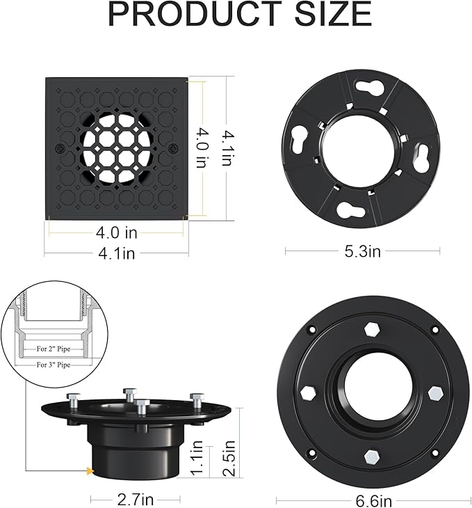 Uni-Green 4 Inch Shower Floor Drain with Flange, Square Shower Drain kit with Hair Strainer, Removable Octagon Strainer Cover, SUS 304 Stainless Steel & CUPC Certified - Matte Black