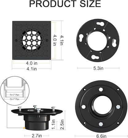 Uni-Green 4 Inch Shower Floor Drain with Flange, Square Shower Drain kit with Hair Strainer, Removable Octagon Strainer Cover, SUS 304 Stainless Steel & CUPC Certified - Matte Black