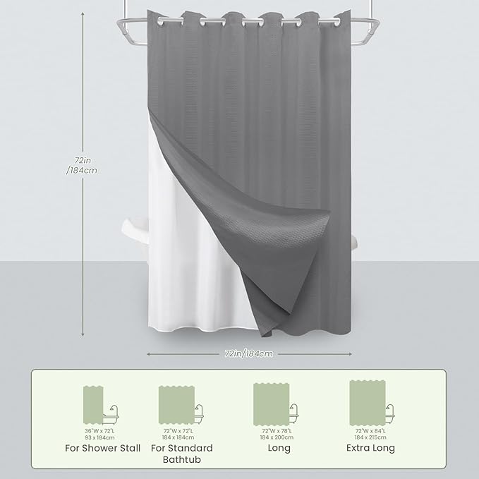 Inhousolu No Hook Waffle Weave Shower Curtain with Removable Snap in Fabric Liner Set for Bathroom, 230 GSM Heavy Duty Weighted Hem, Water Repellent Washable Bath Curtains, 72 x 72 Inch, Grey