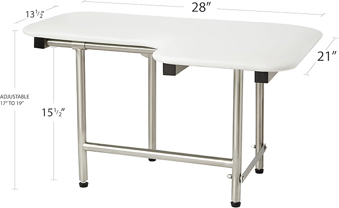 28" x 22.5" White Padded Wall Mount Folding Left-Handed Transfer Bench Shower Seat with Legs, ADA Compliant