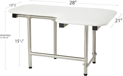 28" x 22.5" White Padded Wall Mount Folding Left-Handed Transfer Bench Shower Seat with Legs, ADA Compliant