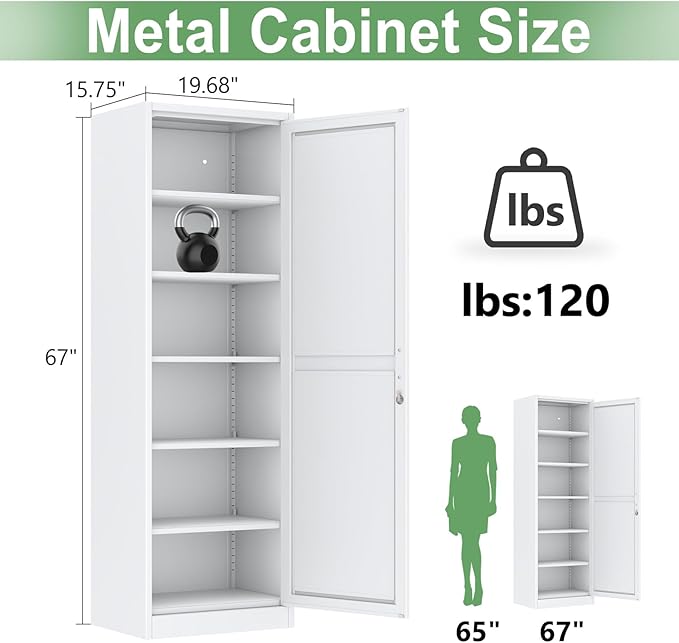 Metal Locker Tall Narrow Storage Cabinet, 67" H Locking Tool File Cabinets Snack Locker Organizer for School Classroom,Bedroom,Gym Home Office,Entryway and Hallway (20" W 1Door White)