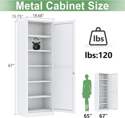 Metal Locker Tall Narrow Storage Cabinet, 67" H Locking Tool File Cabinets Snack Locker Organizer for School Classroom,Bedroom,Gym Home Office,Entryway and Hallway (20" W 1Door White)