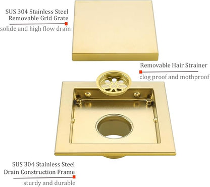 RANDOM Brushed Gold Shower Drain Square 6 inch SUS304 Stainless Steel Shower Floor Drain with Hair Strainer Tile Insert Shower Drain Cover