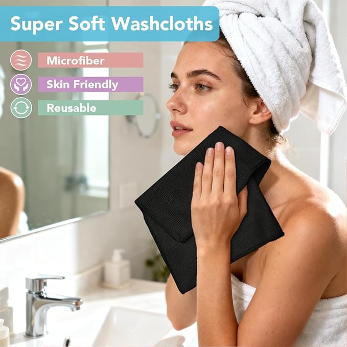 Orighty Washcloths Towels Set 20 Pack, Highly Absorbent and Soft Feel Microfiber Face Cloths, Multi-Purpose Wash Cloths & Hand Towels for Bathroom, Hotel, Spa, and Gym, 11.5x11.5 Inch, Black