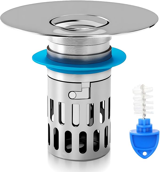 Upgraded Bathroom Sink Drain Strainer, Universal Stainless Steel Sink Stopper with Filter Basket Hair Catcher, Sink Plug for 1.05-2.0" Basin, Brass Bullet Core, Chrome