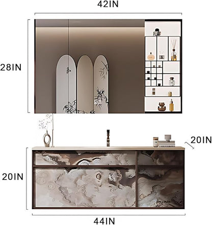 44IN Modern Bathroom Vanity with Sink - Bathroom Vanity with Drawer Organizer, LED Mirror Lights & Defogging Function | Wall - Mounted Vanity with Silver Sink Faucet