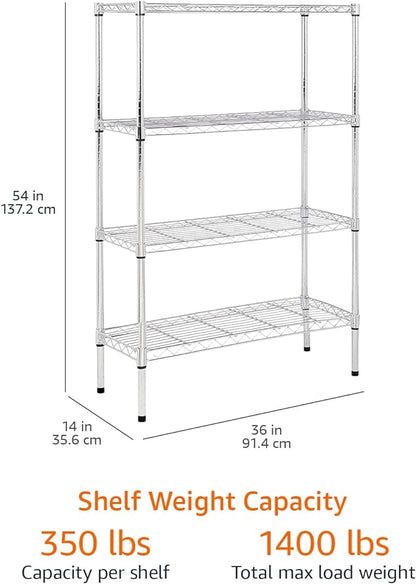 Amazon Basics 4-Shelf Adjustable Heavy Duty Steel Wire Rack Storage Shelving Organizer for Kitchen, Garage, 36" L x 14" W x 54" H, Chrome Silver