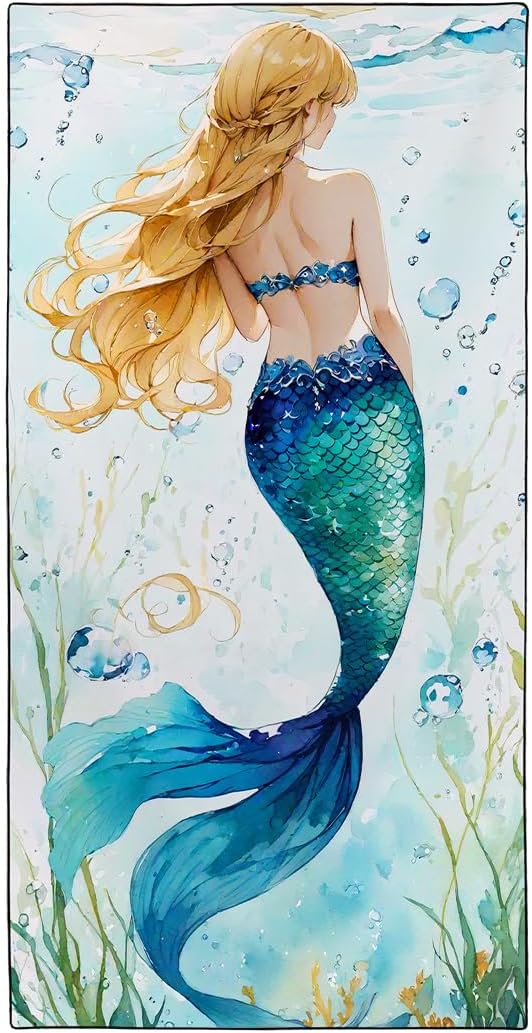 Blue-Green Scallop Mermaid Tail Beach Towel 36"x72" Golden Highlights Quick Dry Microfiber Swim Gear