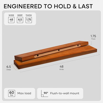 Homeforia Floating 60 inch Oak Shelves, High End Solid Real Wood 60inch Floating Shelf for Wall Mounted, Honey Oak Wooden 60in Large Floating Shelves, Heavy Duty Bracket, 60 X 6.5 X 1.75 in, Set of 2