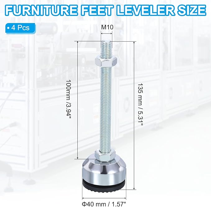 PATIKIL Furniture Leveling Feet 1.6" Dia Base M10 Thread, 4 Pcs Carbon Steel Adjustable Threaded Furniture Levelers Screw on Leg Levelers with Pads for Desk Chair Cabinet, Black