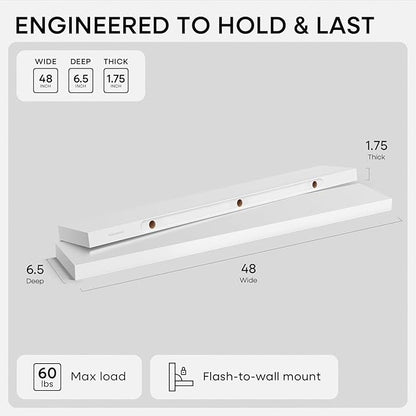 Homeforia White Floating Shelf 48 inches, High End Solid Real Wood 48inch Long Floating Shelves for Wall Mounted, White Wooden 48in Floating Shelves, Heavy Duty Bracket, 48 X 6.5 X 1.75 inch, Set of 3