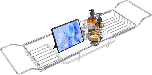 BVL Bathtub Tray Stainless Steel with Marble Base Chrome Bathtub Tray with White Marble Base Adjustable & Rustproof Bath Caddy for Spa, Relaxation, Bath Bombs