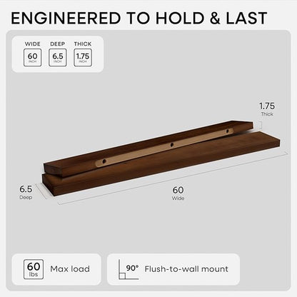 Homeforia Walnut 60 inch Floating Shelf, High End Solid Real Wood 60inch Long Floating Shelf for Wall, Dark Brown Wooden 60in Large Floating Shelves, Heavy Duty Bracket, 60 X 6.5 X 1.75 inch, Set of 2