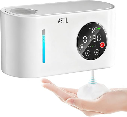 Touchless Automatic Foaming Hand Soap Dispenser Wall Mount,Kitchen Bathroom,Modern Smart Home,USB Type-C Rechargeable,Long Battery Life,Time and Temperature Display,5-Level Adjustable,16.9 oz