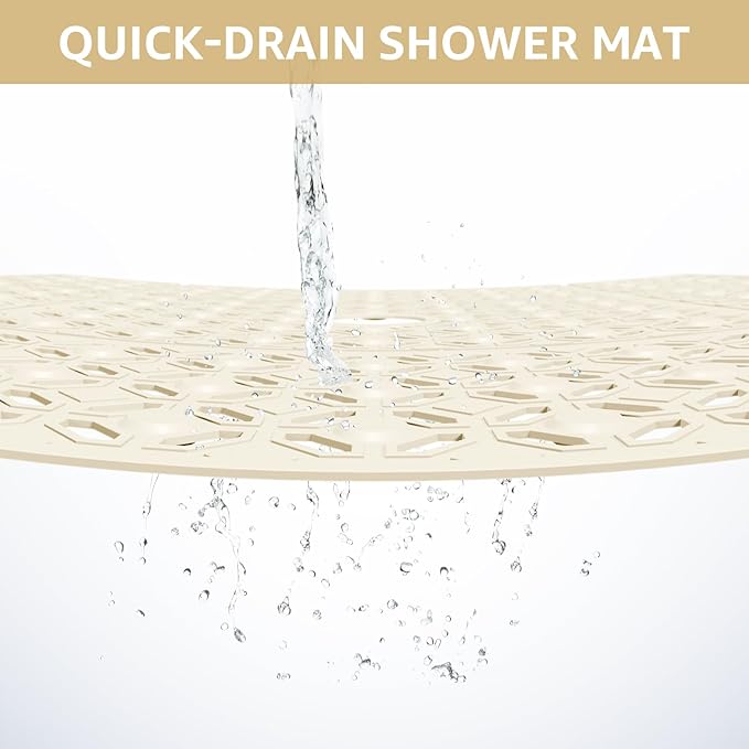 OTHWAY Square Shower Mat, 27"x 27" Extra Large Shower Mats for Inside Shower, TPE Anti Slip Shower mat with Suction Cups Drain Holes, Machine Washable Shower Floor Mat (Beige)