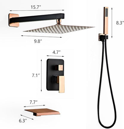 Shower Faucet Set with Tub Spout, Matte Black and Rose Gold Rainfall Shower System Complete Wall Mounted for Bathroom with 10 Inch Square Shower Head and Handheld Shower Head Rain Mixer Combo