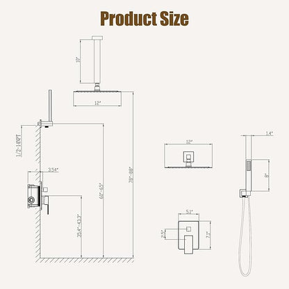 ESNBIA Gold Shower Head System, All Metal 12 Inches Ceiling Shower Faucet Set with Valve, Rain Shower Head with Handheld Spray Combo, Brushed Gold