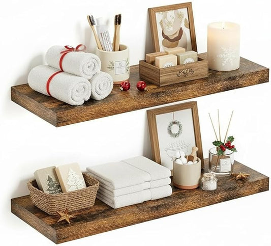 Vivelove Bathroom Floating Shelves for Wall, 24 inchs 9.1” Deep Wall Shelves for Bathroom Bedroom, Living Room, Kitchen, Office, Rustic Farmhouse Shelf Decor with Invisible Bracket, Set of 2