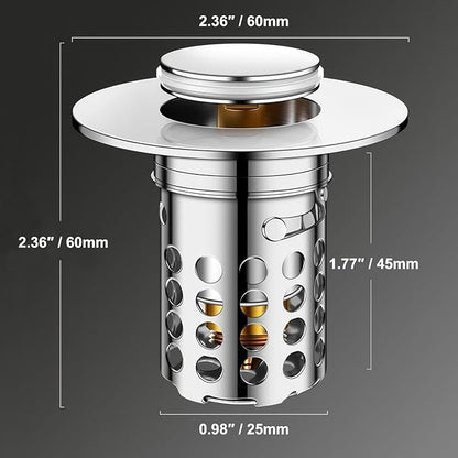 Beruth Bathroom Sink Stopper Hair Catcher, 304 Stainless Steel Pop Up Drain Strainer for 1.1''~2.36'' Basin, Upgraded Silent & Odor-Proof Design, Removable Filter Basket & Easy Install（All Metal）