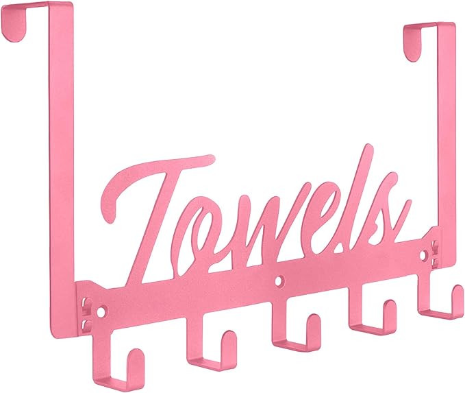 Over The Door Hooks, Towel Rack for Bathroom Towel Holder for Hanging Heavy Duty, Over Door Hanger with 5 Coat Hooks for Bedroom Bathroom Kitchen Towels, Pink