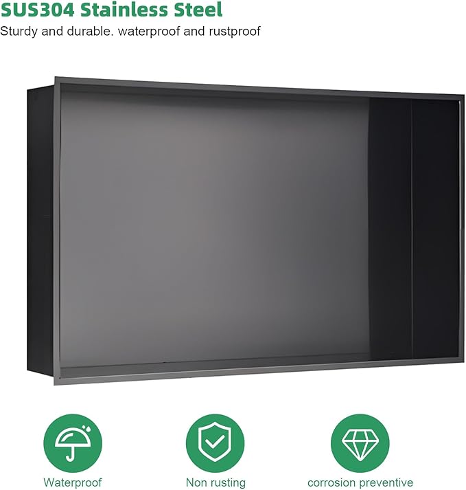 SaniteModar Shower Niche, Stainless Steel Shower Niche 12" X 24" No Tile Needed, Recessed for Bathroom Storage, Matte Black (Matte Black, 12x24)