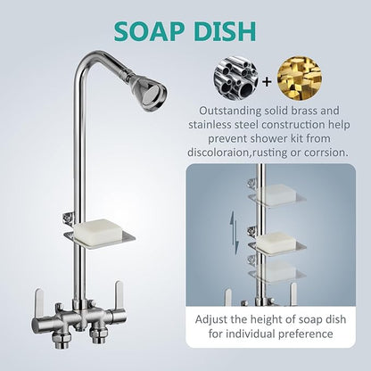 Aolemi Outdoor Shower Fixtures,Outdoor Shower Kit Faucet System 3 Inch Center with Showerhead 2 Handle Exposed Shower with Brass Mix Valve Pipe Downward with Soap Dish Polish Chrome