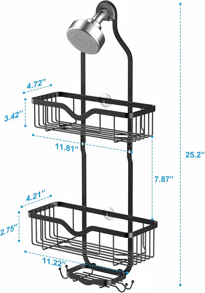 Kadolina Shower Caddy Hanging, Bathroom Organizer Rack, Shower Rack with Soap Dish, Over The Showerhead Caddy with Hooks for Razor/Sponge, Matte Black (Assembly Required)
