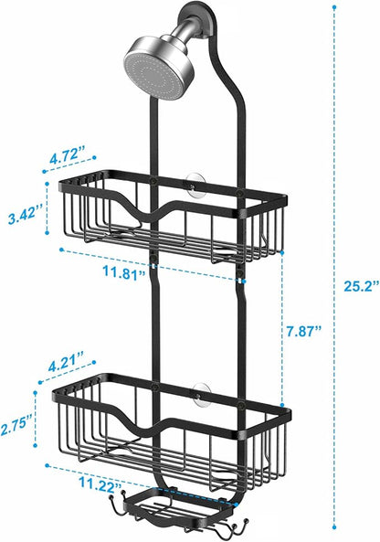 Kadolina Shower Caddy Hanging, Bathroom Organizer Rack, Shower Rack with Soap Dish, Over The Showerhead Caddy with Hooks for Razor/Sponge, Matte Black (Assembly Required)