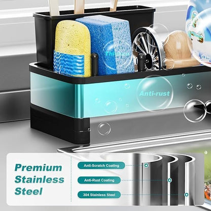 Stainless Steel Sink Caddy Organizer with Auto-Drain & Removable Brush Holders Rustproof Sponge Holder for Kitchen Sink, Countertop Storage for Soap Dispenser,Dishcloth & Kitchen Accessories