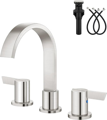 Aolemi Bathroom Faucets 3 Hole,8 Inch Widespread Waterfall Bathroom Sink Faucet,2 Handles Vanity Faucet with Pop-up Drain and Supply Hose,Brushed Nickel