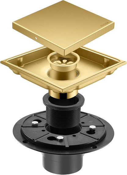 Hidden Brushed Square Shower Floor Drain, Gold 6 inch, 304 Stainless Steel, with Flange, Detachable Cover Embedded in Ceramic Tiles