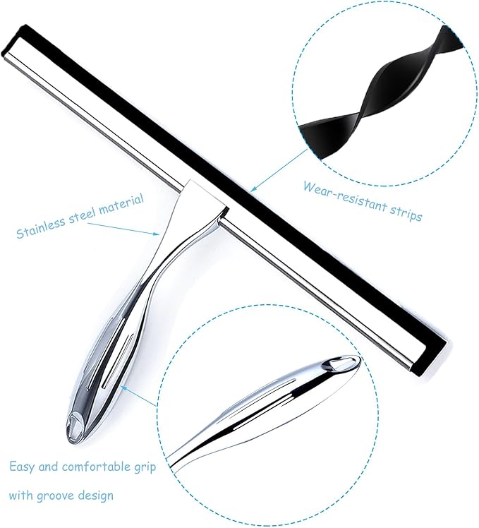 Shower Squeegee for Glass Doors, 12 Inches Bathroom Squeegee with Spare Silicone Blade, Shower Door Hook and Adhesive Hook, Stainless Steel Bathroom Squeegee for Mirror Window (12in-Silver-1 Pack)