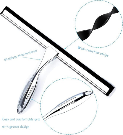 Shower Squeegee for Glass Doors, 12 Inches Bathroom Squeegee with Spare Silicone Blade, Shower Door Hook and Adhesive Hook, Stainless Steel Bathroom Squeegee for Mirror Window (12in-Silver-1 Pack)
