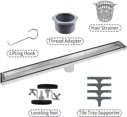 Linear Shower Drain 26", Brushed Floor Drain with Tiled Insert Grate & Hair Strainer, 304 Stainless Steel Bathroom 2-in-1 Tiled in Drain, CUPC Certified (Brushed, 26'')