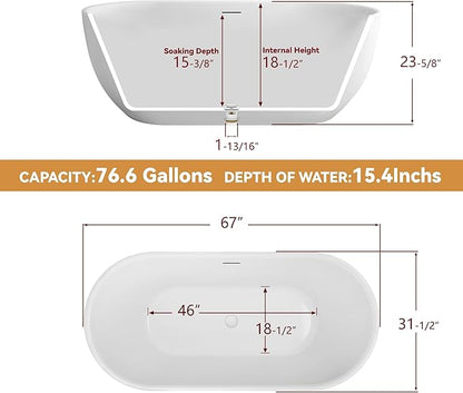 67" Free Standing Tub, Pure Acrylic Freestanding Bathtub, Stylish Stand Alone Tub, Contemporary Deep Soaking Bath Tub, cUPC Certified SY6870 (Glossy White)